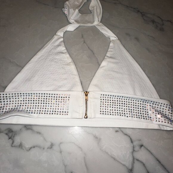 White Rhinestone Halter Crop Top Sparkly Party Clubwear Festival Outfit - Picture 4 of 4